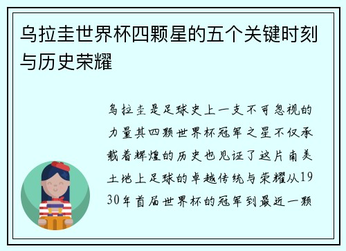 乌拉圭世界杯四颗星的五个关键时刻与历史荣耀